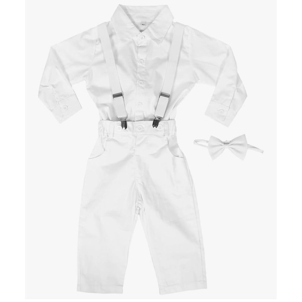 Boys Gentleman Outfit Formal White Suit Set Bowtie Suspenders Shirt Pants Sz 5/6